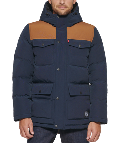 Shop Levi's Men's Quilted Four Pocket Parka Hoody Jacket In Navy/worker Brown