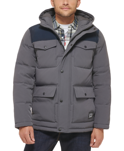Shop Levi's Men's Quilted Four Pocket Parka Hoody Jacket In Charcoal Grey/navy