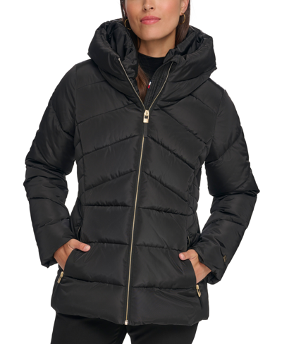 Shop Tommy Hilfiger Women's Petite Hooded Puffer Coat In Black