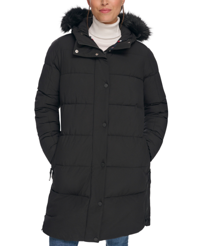 Shop Tommy Hilfiger Women's Faux-fur-trim Hooded Puffer Coat, Created For Macy's In Black