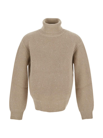 Shop Brunello Cucinelli Sequin High-neck Sweater In Beige