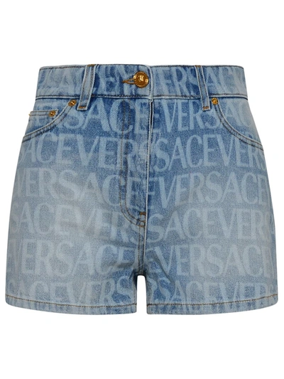 Shop Versace Cotton Denim Shorts In Blue