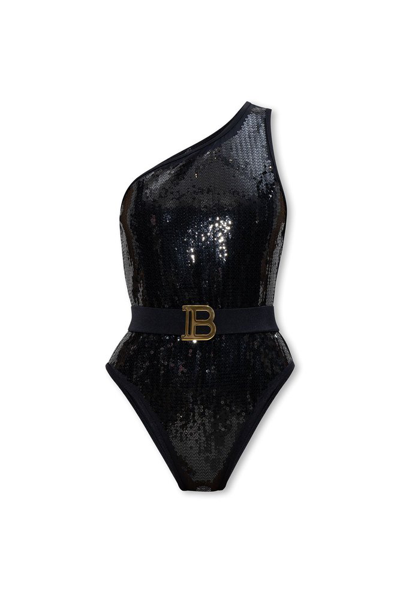 Shop Balmain Sequinned One Piece Swimsuit In Black