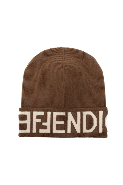 Shop Fendi Logo Intarsia Knitted Beanie In Brown