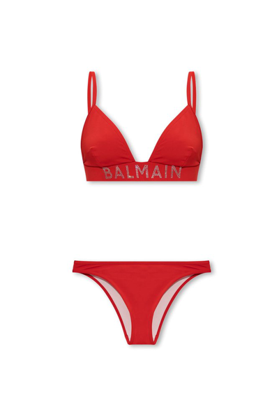 Shop Balmain Logo Embellished Two Piece Swimsuit In Red