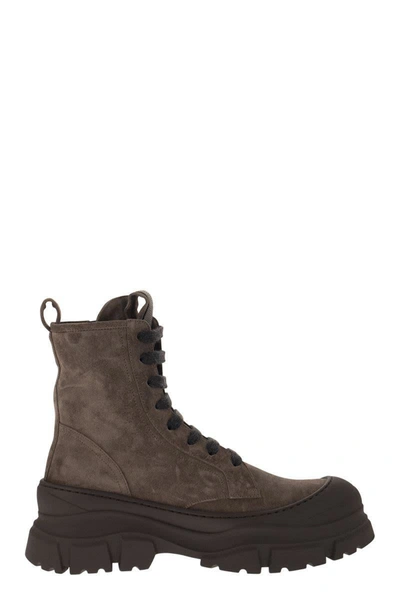Shop Brunello Cucinelli Suede And Calfskin Boot With Precious Tongue In Brown