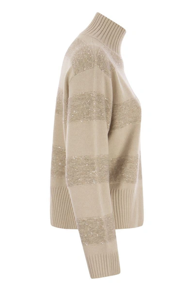 Shop Brunello Cucinelli Virgin Wool, Cashmere And Silk Turtleneck Sweater With Dazzling Mohair Stripes In Light Beige