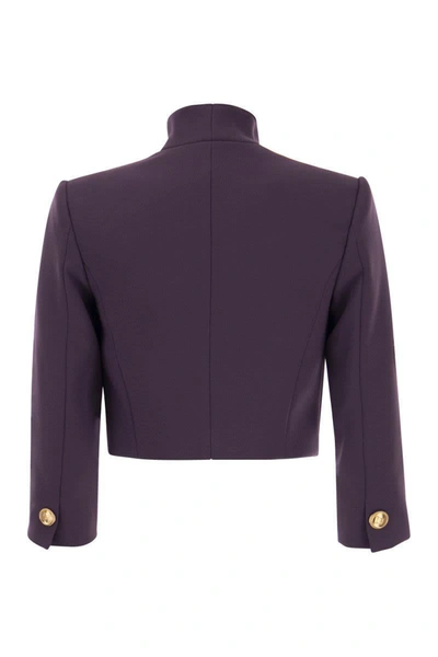 Shop Elisabetta Franchi Crepe Crop Jacket With Stand-up Collar In Plum