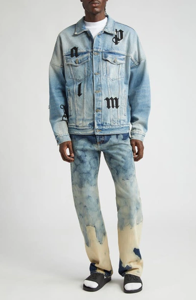 Shop Palm Angels Leather Logo Patch Distressed Denim Trucker Jacket In Overlight Blue