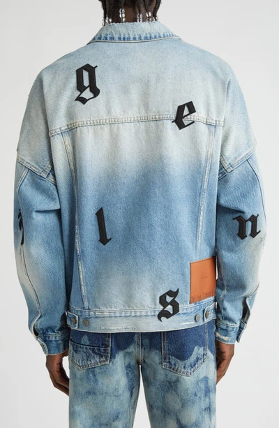 Shop Palm Angels Leather Logo Patch Distressed Denim Trucker Jacket In Overlight Blue