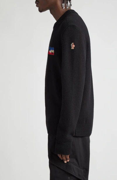 Shop Moncler Mountain Logo Embroidered Wool Blend Sweater In Black