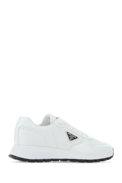 Shop Prada Man White Re-nylon And Leather Sneakers