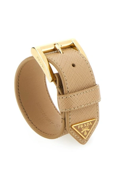 Shop Prada Woman Beige Leather Bracelet In Brown