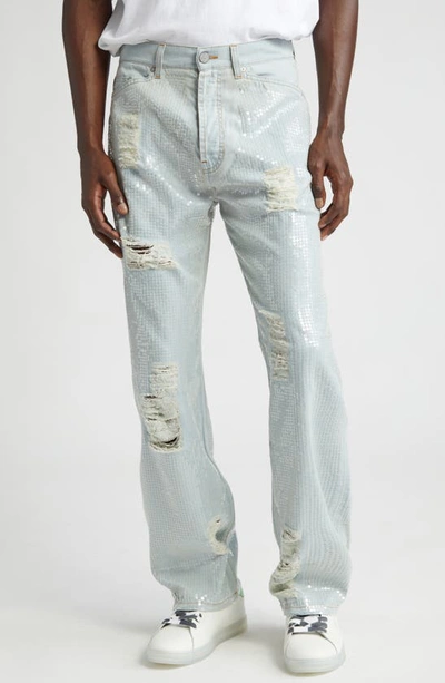 Shop Palm Angels Ripped Sequin Straight Leg Jeans In Grey
