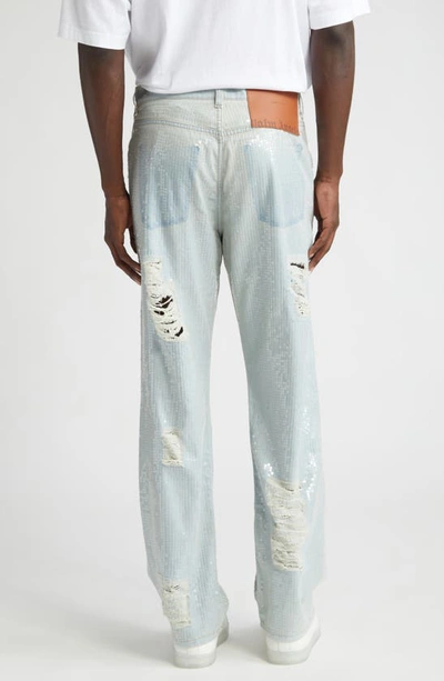 Shop Palm Angels Ripped Sequin Straight Leg Jeans In Grey
