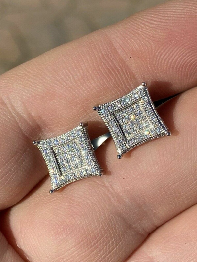 Pre-owned Silver 1.17ct Vvs Real Diamond Men's Solid 925  Iced Hip Hop Kite Earrings In White
