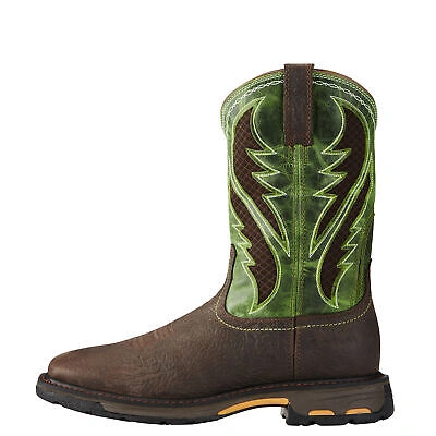 Shop Pre-owned Ariat ® Men's Workhog Wide Square Toe Brown & Green Work Boots 10020083