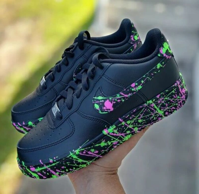 Pre-owned Nike Air Force 1 07 Black Neon Custom / Girls Gs Women Men Af1
