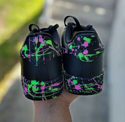 Pre-owned Nike Air Force 1 07 Black Neon Custom / Girls Gs Women Men Af1