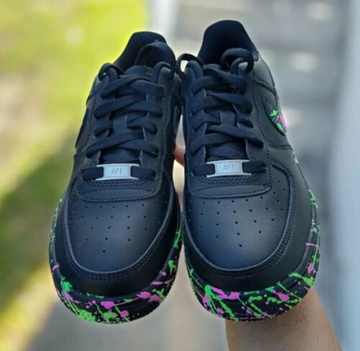 Pre-owned Nike Air Force 1 07 Black Neon Custom / Girls Gs Women Men Af1