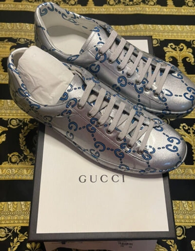 Pre-owned Gucci 100% Auth  Ace Monogram Coated Leather Sneakers Rubber 10.5 Us 11 In Silver