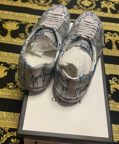 Pre-owned Gucci 100% Auth  Ace Monogram Coated Leather Sneakers Rubber 10.5 Us 11 In Silver