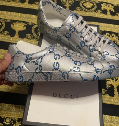 Pre-owned Gucci 100% Auth  Ace Monogram Coated Leather Sneakers Rubber 10.5 Us 11 In Silver