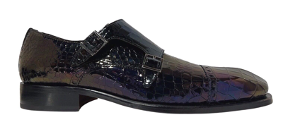 Pre-owned Mister Men's Black Multi Embossed Crocodile Leather Double Monk-strap Shoe 41283