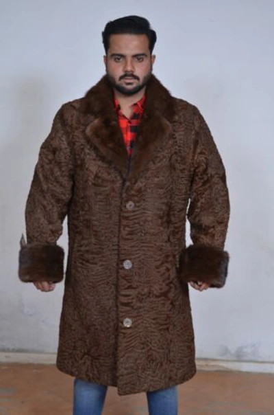 Pre-owned Handmade Man's Real Real Astrakhan Swakara Wavy Karakul Fur Long Coat All & Custom Size In Black