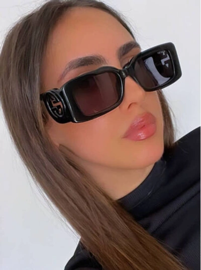 Pre-owned Gucci Gg1325s 001 Black Dark Grey Rectangular Women Sunglasses Authentic In Gray