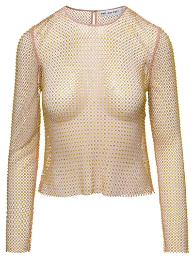 Shop Self-portrait Long Sleeve Mesh Top With All-over Crystal Embellishment In Beige Technical Fabric Woman