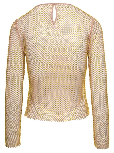 Shop Self-portrait Long Sleeve Mesh Top With All-over Crystal Embellishment In Beige Technical Fabric Woman