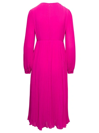 Michael Michael Kors Midi Fuchsia Pleated Dress With V Neck And Blouson Sleeves In Recycled Polyester Blend Woman In Fuxia