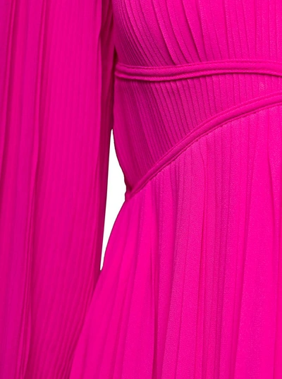 Michael Michael Kors Midi Fuchsia Pleated Dress With V Neck And Blouson Sleeves In Recycled Polyester Blend Woman In Fuxia