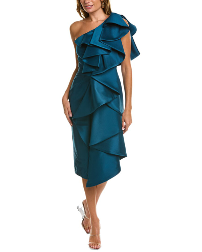 Shop Badgley Mischka Ruffled One-shoulder Cocktail Dress In Blue