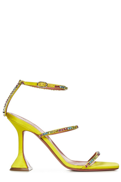 Shop Amina Muaddi Gilda Embellished Ankle Strap Sandals In Yellow