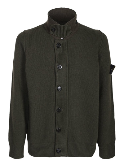 Shop Stone Island High Neck Logo Patch Ribbed Cardigan In Green