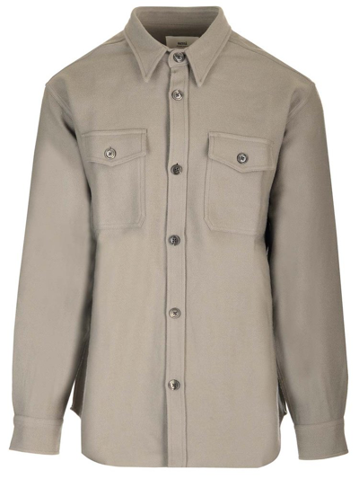 Shop Ami Alexandre Mattiussi Ami Paris Long Sleeved Buttoned Shirt In Beige