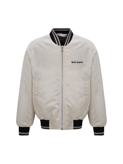 Shop Palm Angels Logo Embroidered Zipped Bomber Jacket In Beige