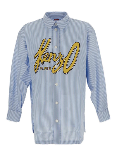 Shop Kenzo Logo Printed Striped Buttoned Shirt In Blue