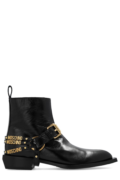 Shop Moschino Logo Lettering Ankle Boots In Black