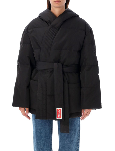 Shop Kenzo Belted Wrap Hooded Down Jacket In Black