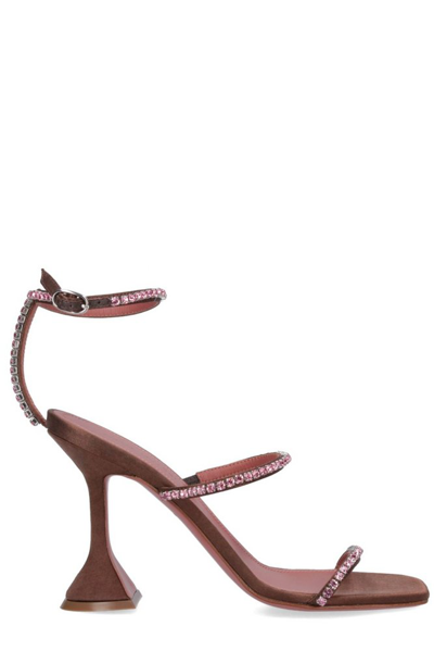 Shop Amina Muaddi Gilda Embellished Satin Sandals In Brown