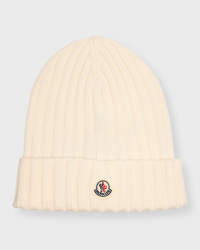 Moncler Ribbed Beanie With Embroidered Logo Detail In White