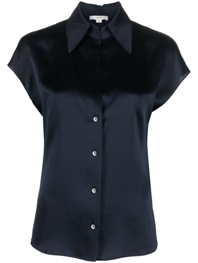Shop Vince Short-sleeve Silk Shirt In Blue