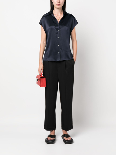 Vince Cap Sleeve Gathered Back Short Sleeve Silk Button-up Shirt In Blue