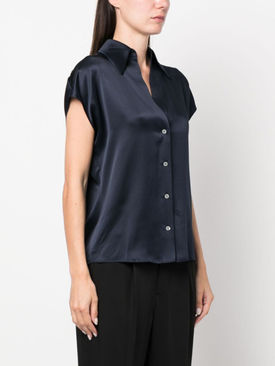 Vince Cap Sleeve Gathered Back Short Sleeve Silk Button-up Shirt In Blue