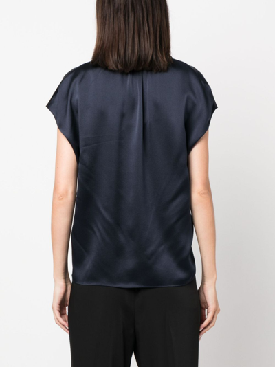Vince Cap Sleeve Gathered Back Short Sleeve Silk Button-up Shirt In Blue