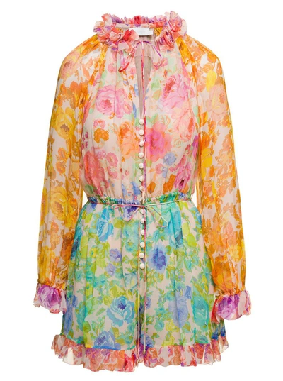 Shop Zimmermann 'raie' Multicolor Long Sleeved Playsuit With All-over Floreal Print In Silk Woman