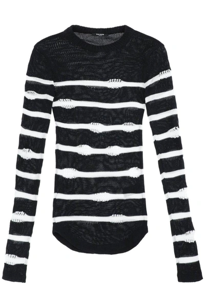 Shop Balmain Striped Sweater In Distressed Cotton In Multicolor